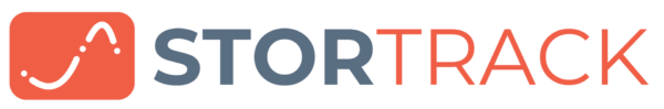 StorTrack logo featuring a stylized orange square with a white curved line and dots, next to the word "STORTRACK" in gray and orange text.