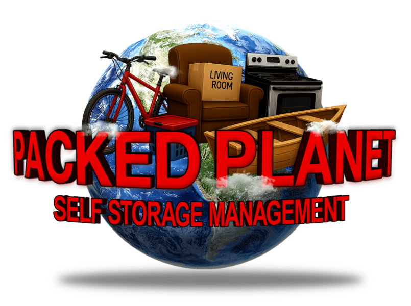 Logo for Packed Planet Self Storage Management featuring household items—bike, chair, stove, and canoe—arranged on a globe with bold red and yellow text.