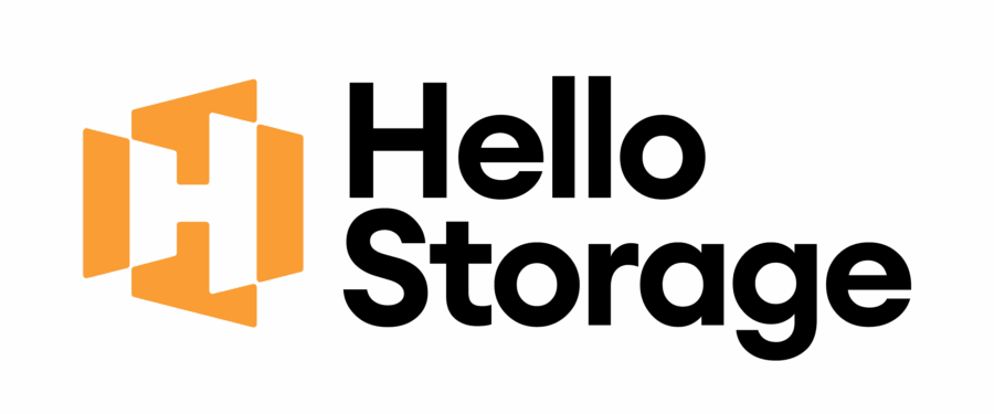 The image displays the "Hello Storage" logo with black text and a geometric orange "H" symbol on a brown background.