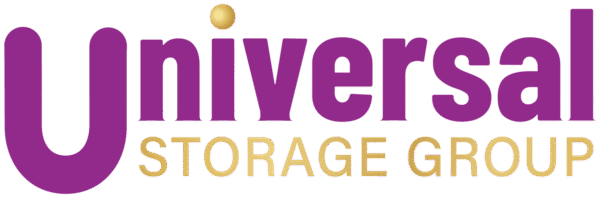 Universal Storage Group logo with "Universal" in large purple letters, a gold dot above the "i", and "Storage Group" in smaller gold letters below.