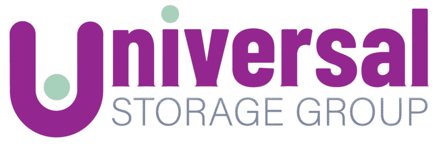 Logo for Universal Storage Group with "universal" in large purple letters and "STORAGE GROUP" in smaller gray letters beneath it. Two green dots decorate the design.