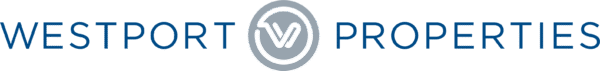 Westport Properties logo with blue text and a circular emblem featuring a stylized "W" and house roof in the center.