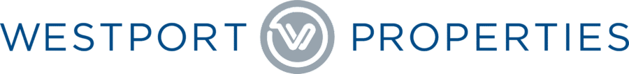Westport Properties logo with blue text and a circular emblem featuring a stylized "W" and house roof in the center.