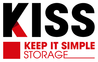 KISS logo with bold black letters and a red triangle; below, red text reads "Keep It Simple Storage" with "Storage" underlined.