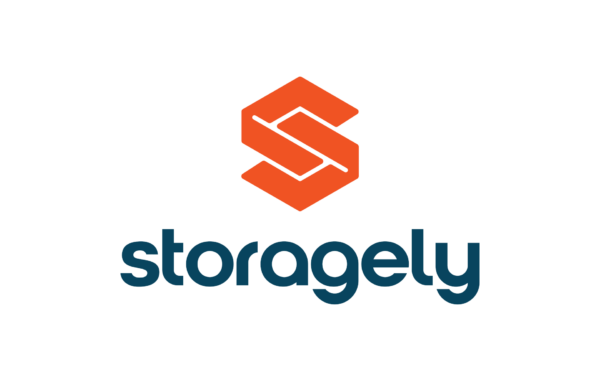 Logo for Storagely, featuring an orange geometric icon of an S above the company name in dark blue text.