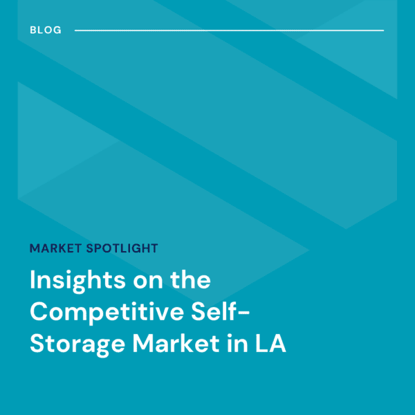 Blog cover titled "Insights on the Competitive Self-Storage Market in LA" with geometric blue design.