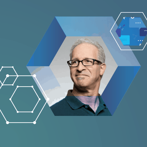 Man wearing glasses, inside a geometric blue hexagon, looking slightly to the side. Background includes abstract hexagonal designs and tech-themed icons.