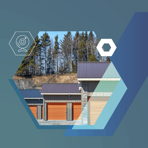 Hexagonal design with an image of storage unit doors and trees. Icons of a camera and hexagon overlay the design.