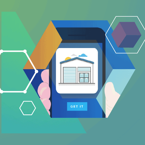 Illustration of a hand holding a smartphone displaying a house icon with a "Get It" button. Geometric shapes surround the central image against a teal background.