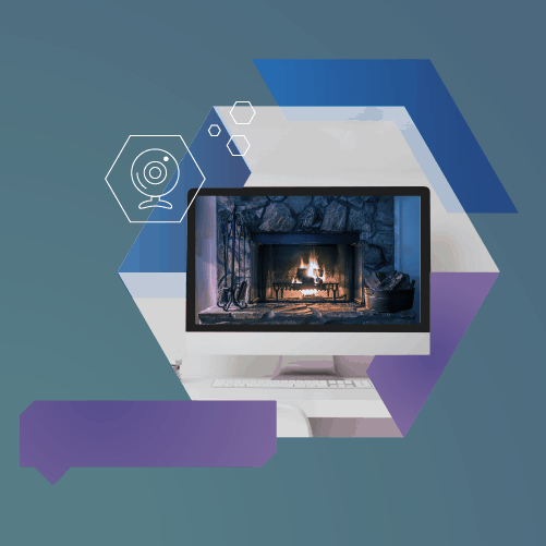 A desktop monitor displays a fireplace with a burning fire. Overlaid graphics include a webcam icon and hexagonal shapes on a gradient blue background.