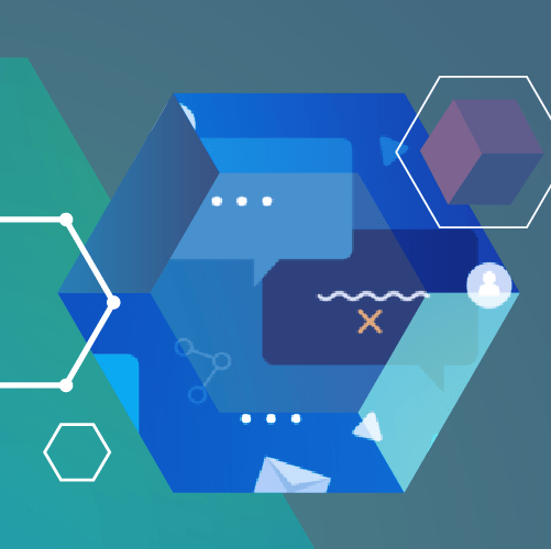 Stylized graphic of overlapping hexagons with abstract speech bubbles, geometric shapes, and connectivity icons, set against a green and blue background.
