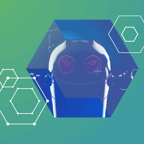 Graphic of a robot with glowing eyes in a blue hexagon, overlaid with white geometric shapes on a green background.
