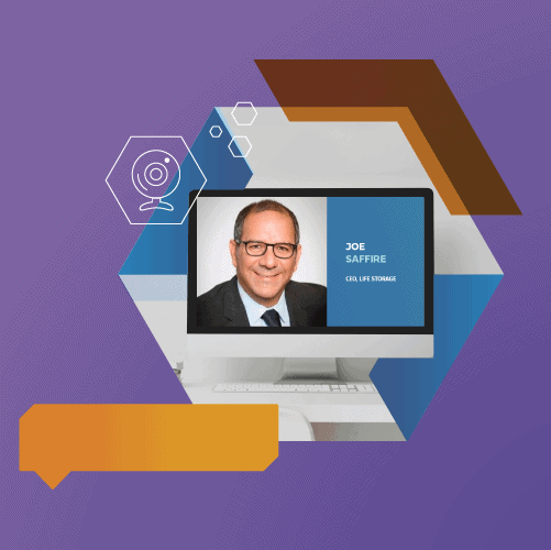 Image of a computer monitor displaying a business professional's headshot and title, set against a geometric purple background with abstract shapes and a webcam icon.