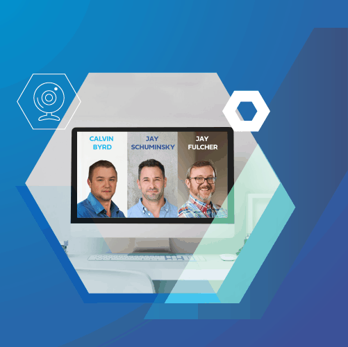 Three men labeled Calvin Byrd, Jay Schuminsky, and Jay Fulcher are displayed on a computer screen. The background features abstract blue and white hexagonal shapes.