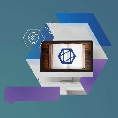 A computer monitor displays an open book with a geometric logo. Icons of a webcam and hexagons are overlaid, set against a blue gradient background with purple accents.