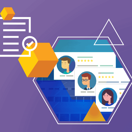 Illustration showing geometric shapes and profile cards with avatars, stars, and text, set against a purple background with a hexagonal motif and abstract graphics.