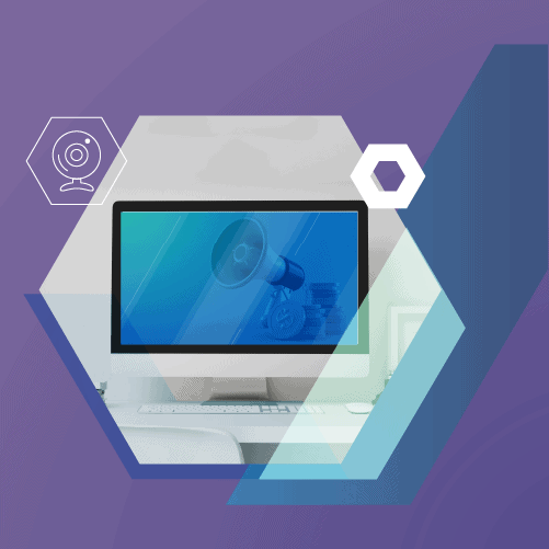 Computer monitor displaying a megaphone on a teal background, overlaid with hexagonal shapes and webcam icon on a purple backdrop.