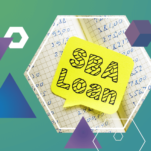 A yellow sticky note with "SBA Loan" written on it is placed over a page filled with handwritten numbers. Geometric shapes decorate the background.