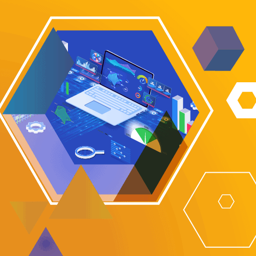 Abstract illustration with hexagonal frames, graphs, a laptop, and geometric shapes on a yellow and blue background.