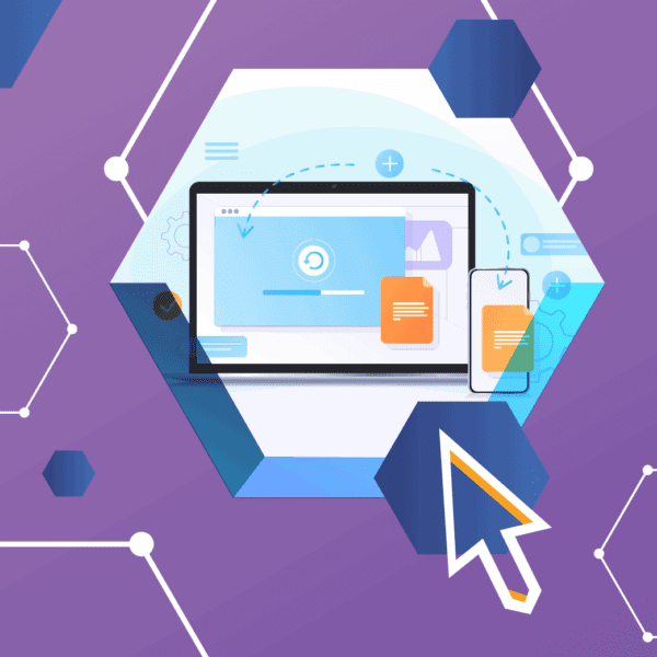 A laptop and smartphone display data exchange graphics, surrounded by hexagons and interconnected lines on a purple background.