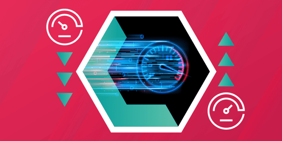 Hexagonal graphic showing a digital speedometer with motion lines. Speed icons and green triangles are on a red background.