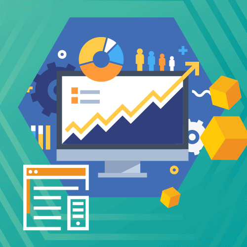 Illustration of a computer screen with a rising graph, pie chart, and icons of people and gears, symbolizing data analysis and growth. Cubes and geometric shapes surround the image.