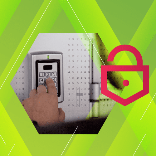 A hand entering a code on a keypad lock, with a pink padlock icon overlay and a green geometric background.