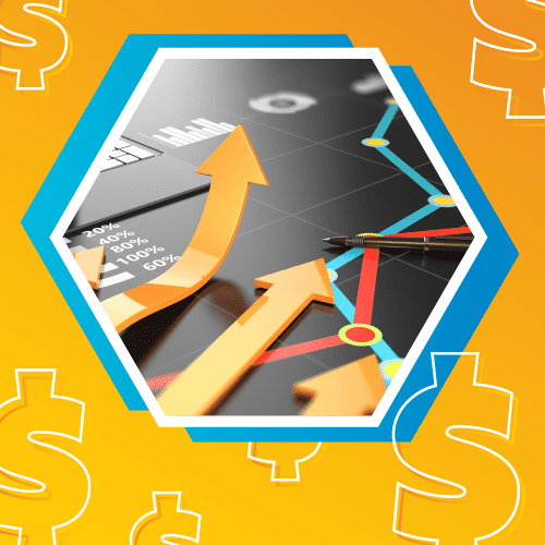 Hexagonal image of upward-trending arrows and graphs on a chart, surrounded by dollar symbols on a yellow background.