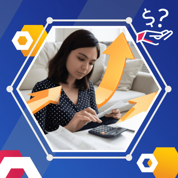 A woman in a polka dot shirt uses a calculator, with upward arrows and financial symbols around her.