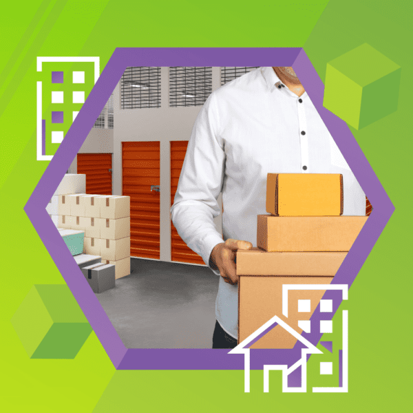 A person in a white shirt is carrying cardboard boxes in front of orange storage units. The image has a hexagonal frame with geometric shapes on a green background.