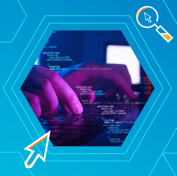 Hands typing on a laptop keyboard with code on the screen, framed by a hexagon, with graphic elements of a cursor and magnifying glass on a blue background.