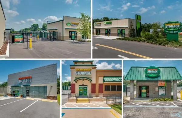 Collage of five Neighborhood Storage facilities showcasing their buildings and entrances with green and orange signage under clear blue skies.