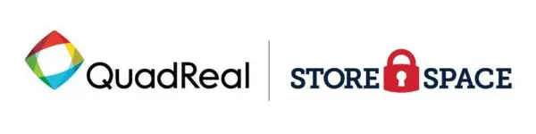 Logos of "QuadReal" on the left and "Store Space" with a red padlock on the right, separated by a vertical line.