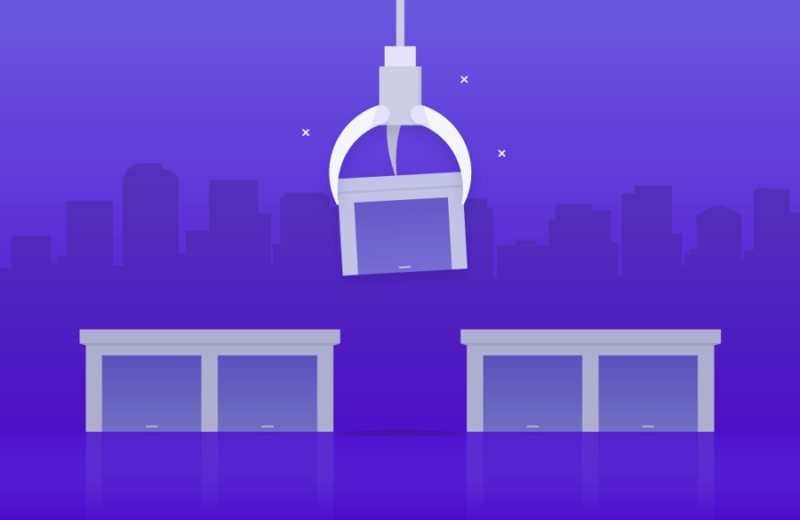 A robotic claw suspends a box above two tables against a purple cityscape background.