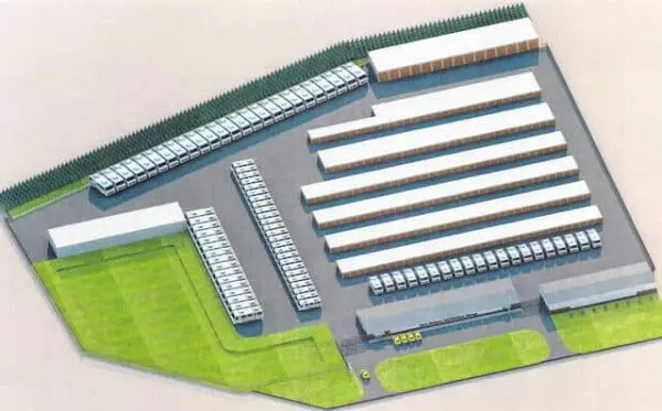 Illustration of an aerial view of a large industrial facility with multiple rectangular buildings and green spaces.