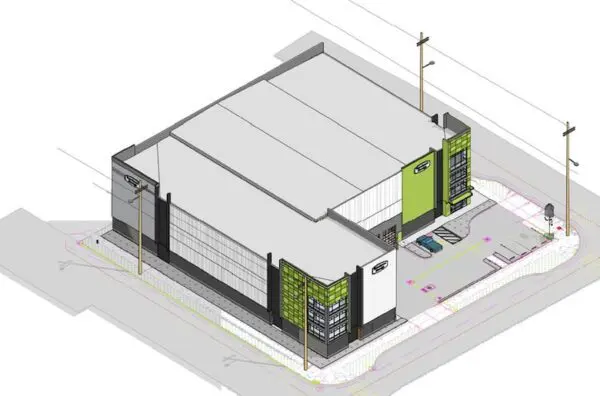 3D rendering of a modern, two-story industrial building with green accents, large windows, and parking area.