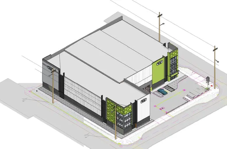 3D rendering of a modern, two-story industrial building with green accents, large windows, and parking area.