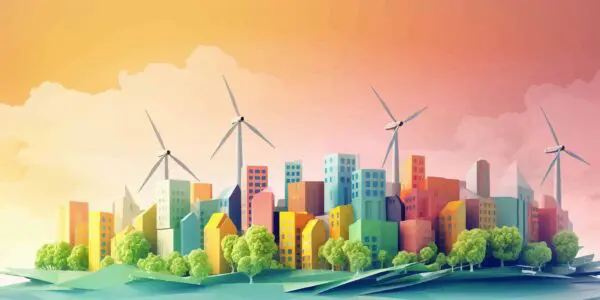 Illustration of a colorful city skyline with wind turbines and trees under a bright, cloudy sky.