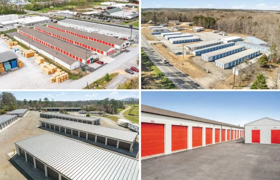 Four aerial views of storage facilities featuring rows of units with red and blue doors, set in open areas with adjacent parking spaces.