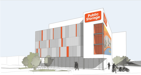 Illustration of a modern multi-story Public Storage facility with orange accents, trees, bicycles, and silhouettes of people outside.