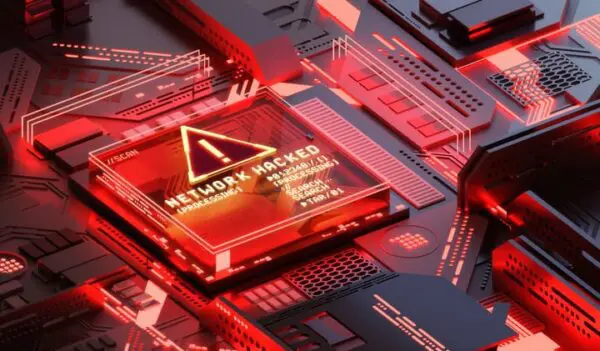 Abstract image of a circuit board with a red holographic warning sign indicating "Network Hacked," surrounded by geometric shapes and digital patterns.