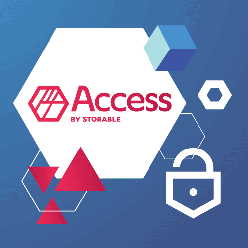 Logo with "Access by Storable" in red text on a blue background, featuring geometric shapes including a padlock, hexagons, and triangles.