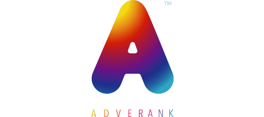Gradient-colored letter "A" logo with the word "ADVERANK" below, in matching gradient colors.