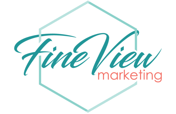 Fine View Marketing logo with "Fine View" in cursive teal and "marketing" in lowercase red, enclosed in a hexagonal teal outline.