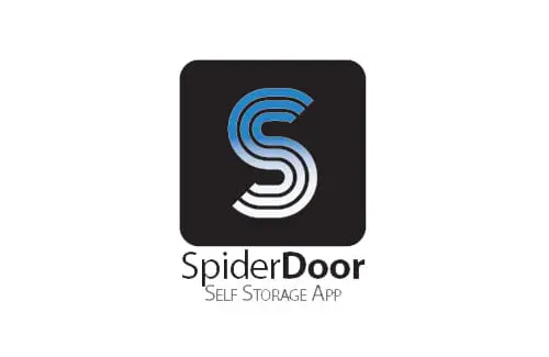 Logo for SpiderDoor Self Storage App, featuring a stylized "S" with gradient blue and white lines on a black square background.