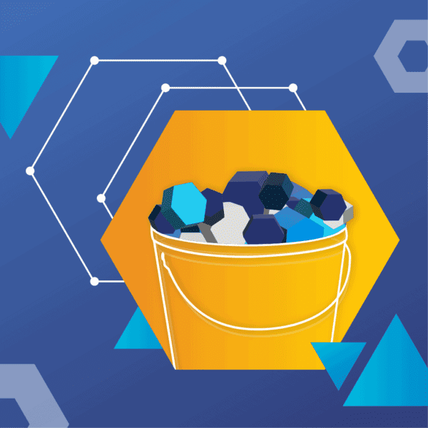 Yellow bucket filled with blue and white geometric shapes on a yellow hexagon against a blue background with hexagonal and triangular patterns.