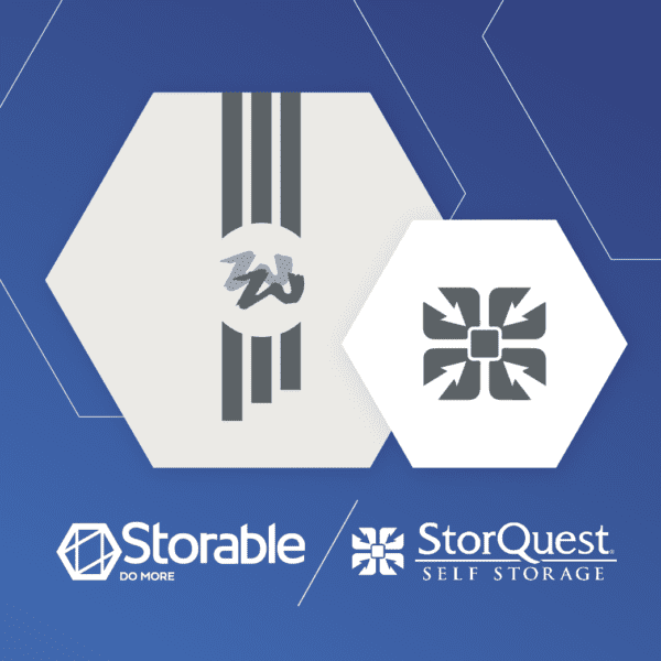 Two hexagonal logos on a blue background, with "Storable" and "StorQuest Self Storage" text below.