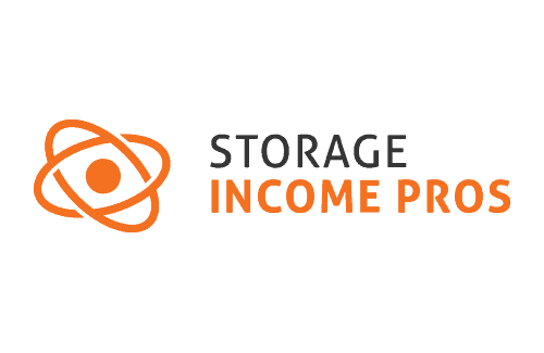 Logo with an orange atomic orbit design on the left, followed by the words "Storage Income Pros" in black and orange text.