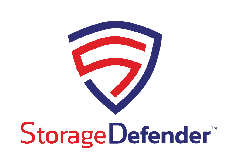 Logo of Storage Defender featuring a stylized red and blue shield above the words "Storage Defender" in matching colors.
