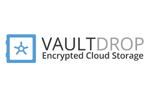 Logo of Vaultdrop showing a blue vault icon with text "VAULTDROP Encrypted Cloud Storage" on a grey background.